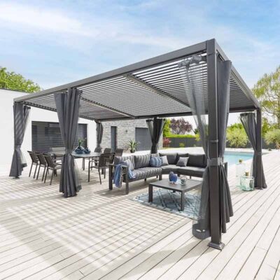 bioklimatik-pergola-13 Skynox Serisi Antrasit - Çiftli Modül Bioklimatik Pergola (Perdeli)